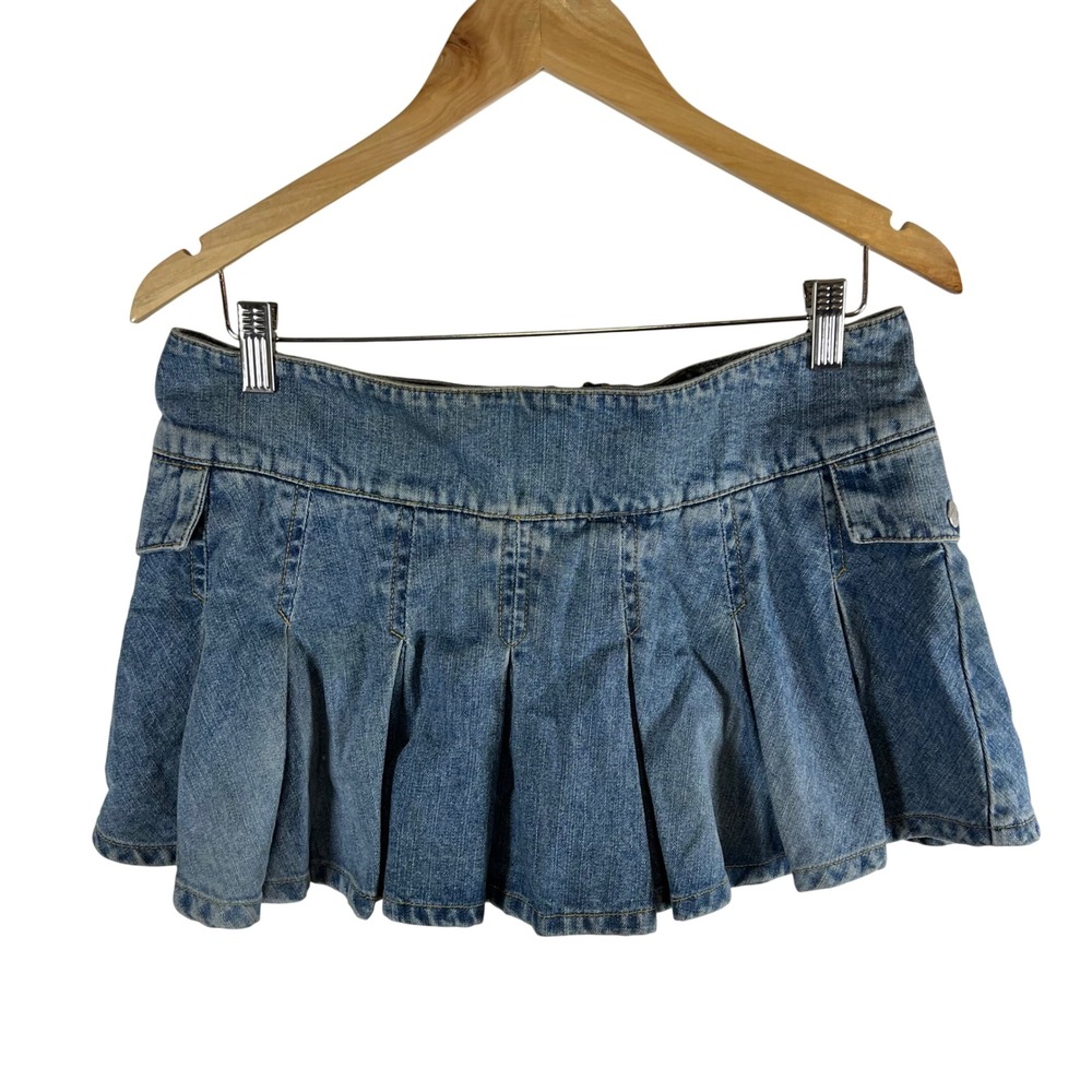 Bongo Vintage Y2K Denim Pleated Mini Skort Medium Wash Cargo Pockets Size 9